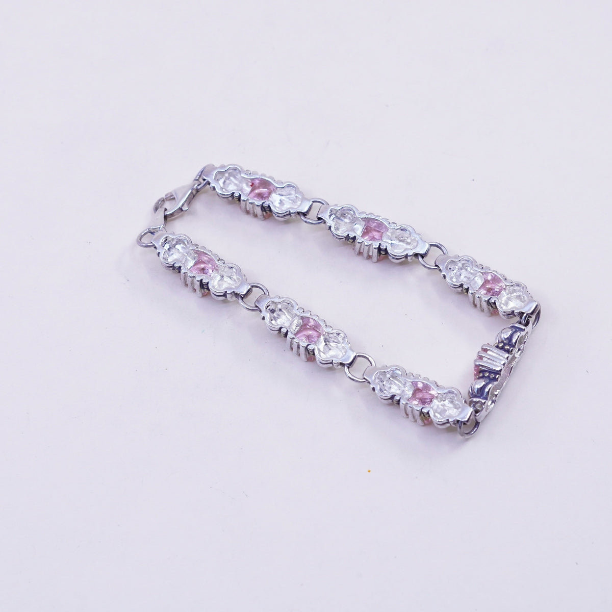 7”, Vintage Sterling 925 silver ribbed bracelet with pink crystals