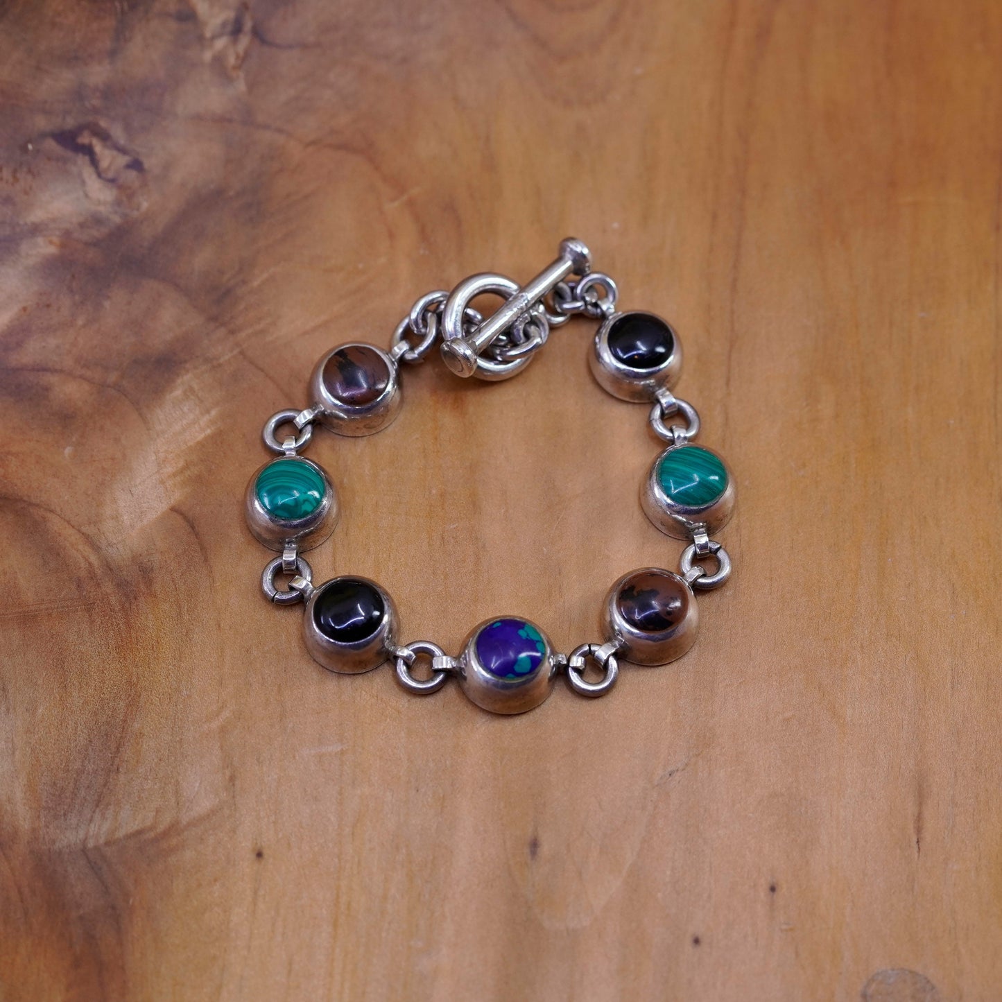 6.75”, mexico Sterling 925 silver bracelet with onyx jasper malachite azurite