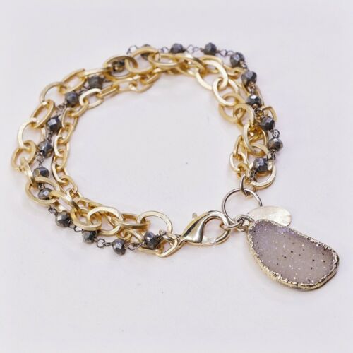 7” Gold Tone Multi Strands bracelet, Oval Chain W/ Hematite Beads N Druzy Charm