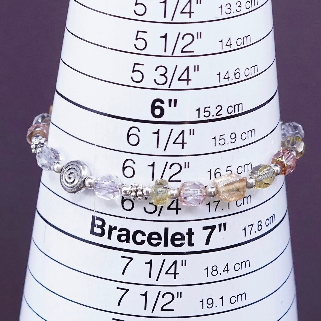 6.75", vtg Sterling silver handmade brown N yellow crystal beads bracelet