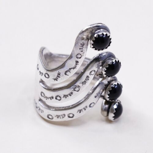 Sz 10 Southwestern Handmade WM Rogers Spoon Ring, Silver Plated Band W Obsidian