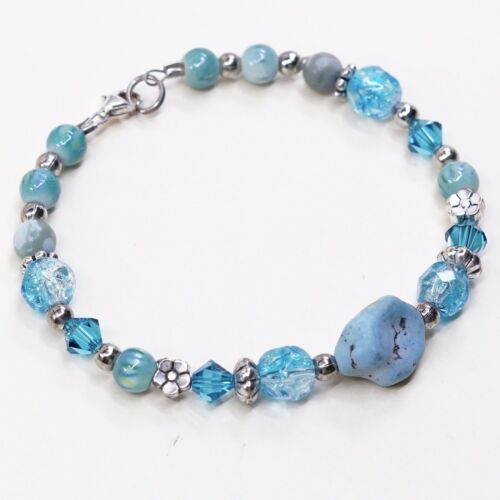 7”, Vtg Sterling Silver Handmade Bead Bracelet, 925 Crystal N Turquoise Veads