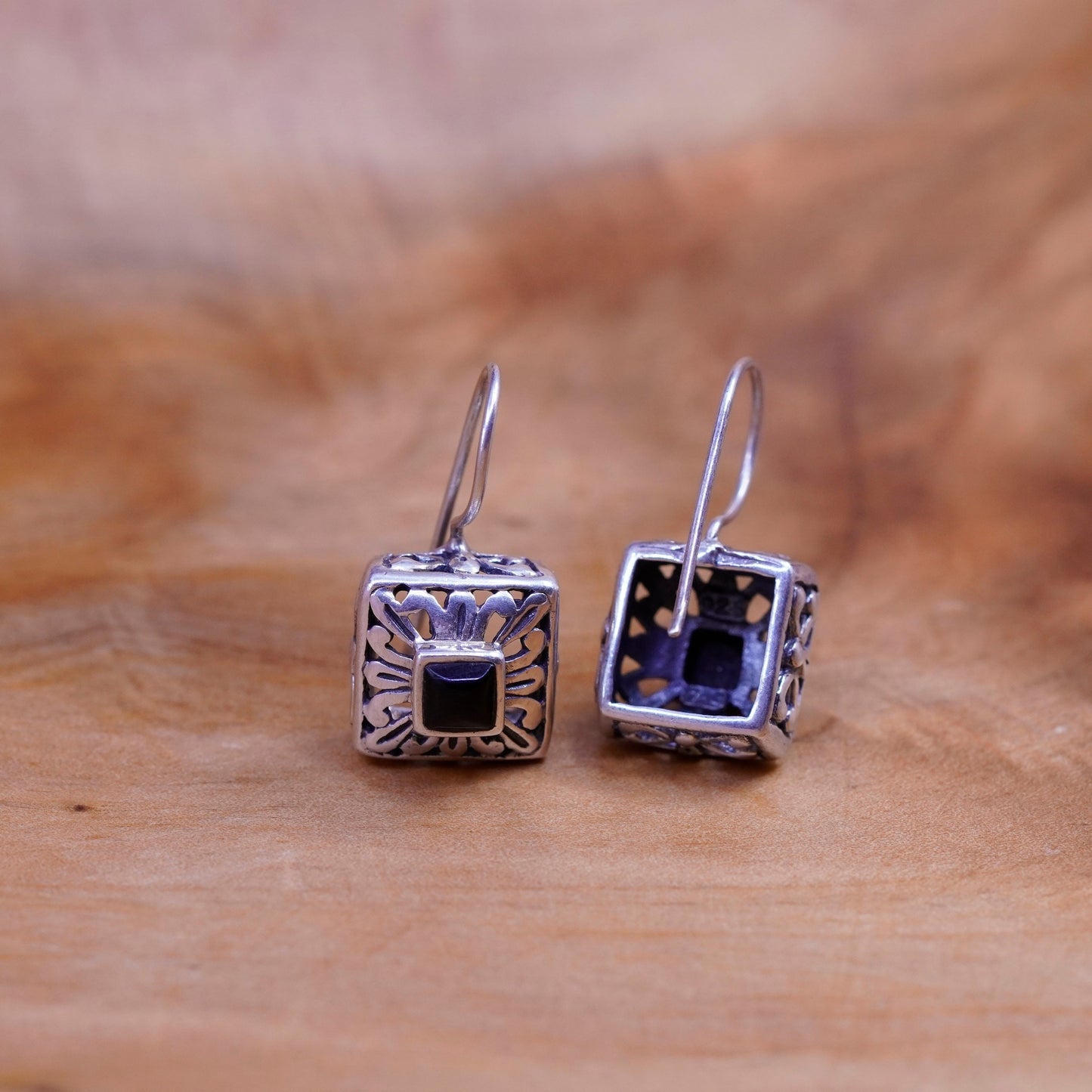 Vintage Sterling 925 silver handmade earrings with square obsidian and beads