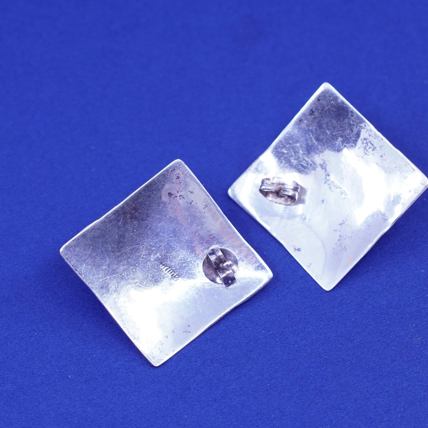 Vintage sterling silver handmade earrings, 925 square studs with lapis lazuli