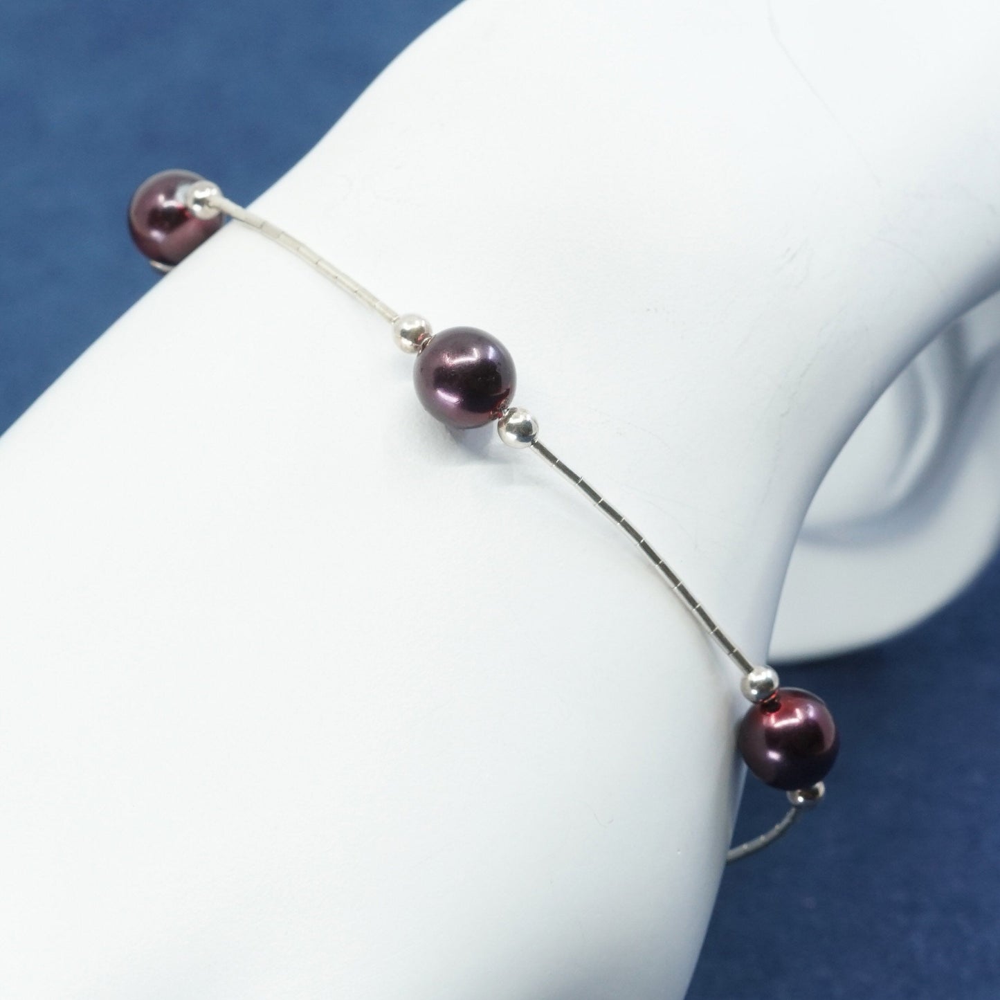 7", Sterling silver handmade bracelet, 925 snake chain w/ pearl beads