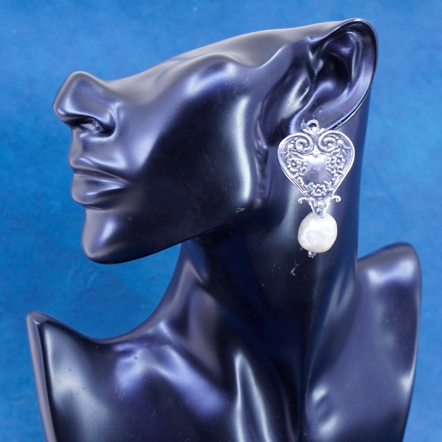 Antique T Foree sterling silver earrings, 925 clip on textured heart pearl