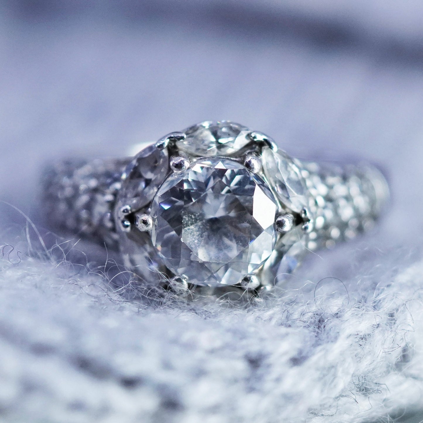 Size 8.5, vintage Sterling 925 silver handmade engagement ring with cluster Cz