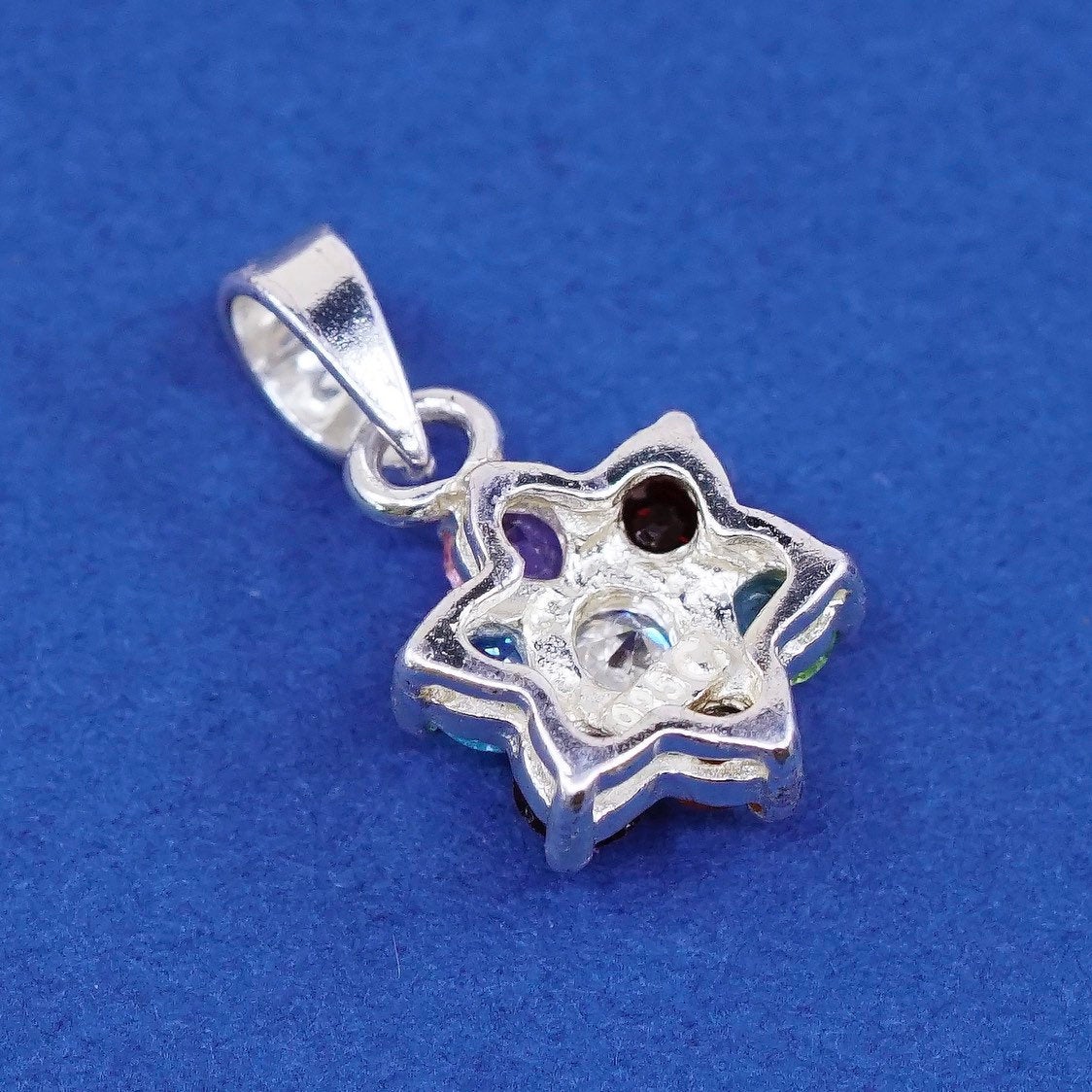 vtg Sterling silver handmade pendant, 925 flower w/ colorful crystal