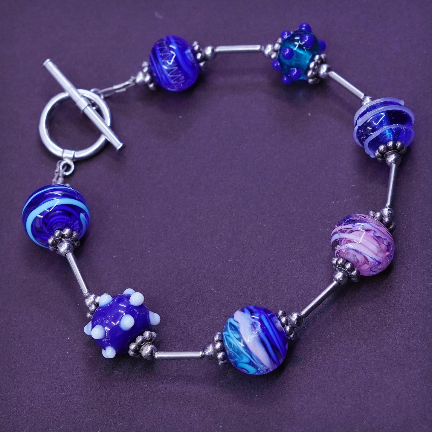 7.25”, vtg sterling 925 silver bar chain with blue artisan glass bead bracelet