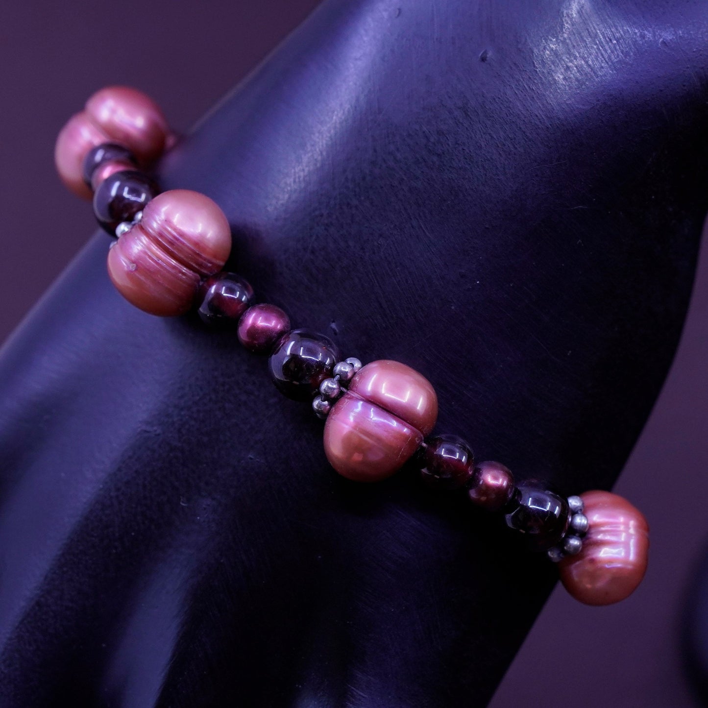 7”, Carolyn Pollack Sterling silver handmade bracelet, 925 chain pearl garnet