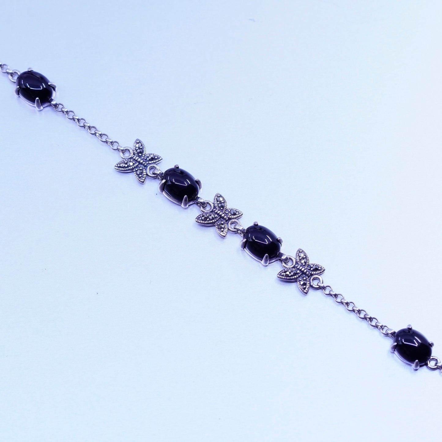 7”, MGS Sterling 925 silver bracelet with obsidian and marcasite butterfly