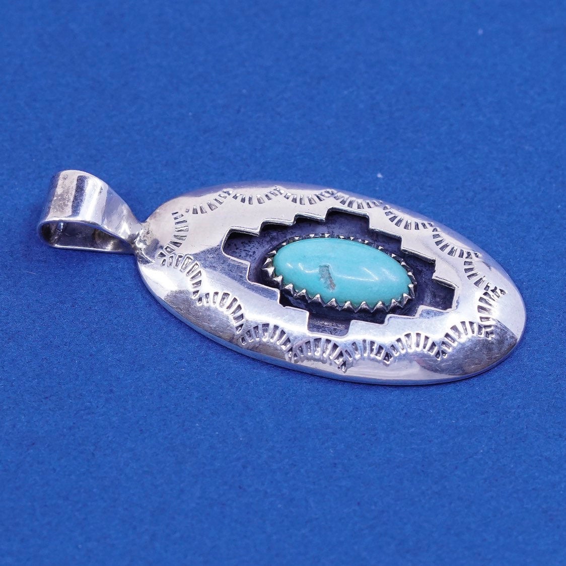 Native American Navajo Sterling silver handmade pendant, 925 w/ oval turquoise