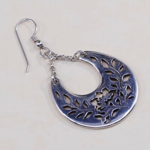 Vintage Sterling Silver Handmade Earrings, 925 Flower Leaves Cut Out Dangles