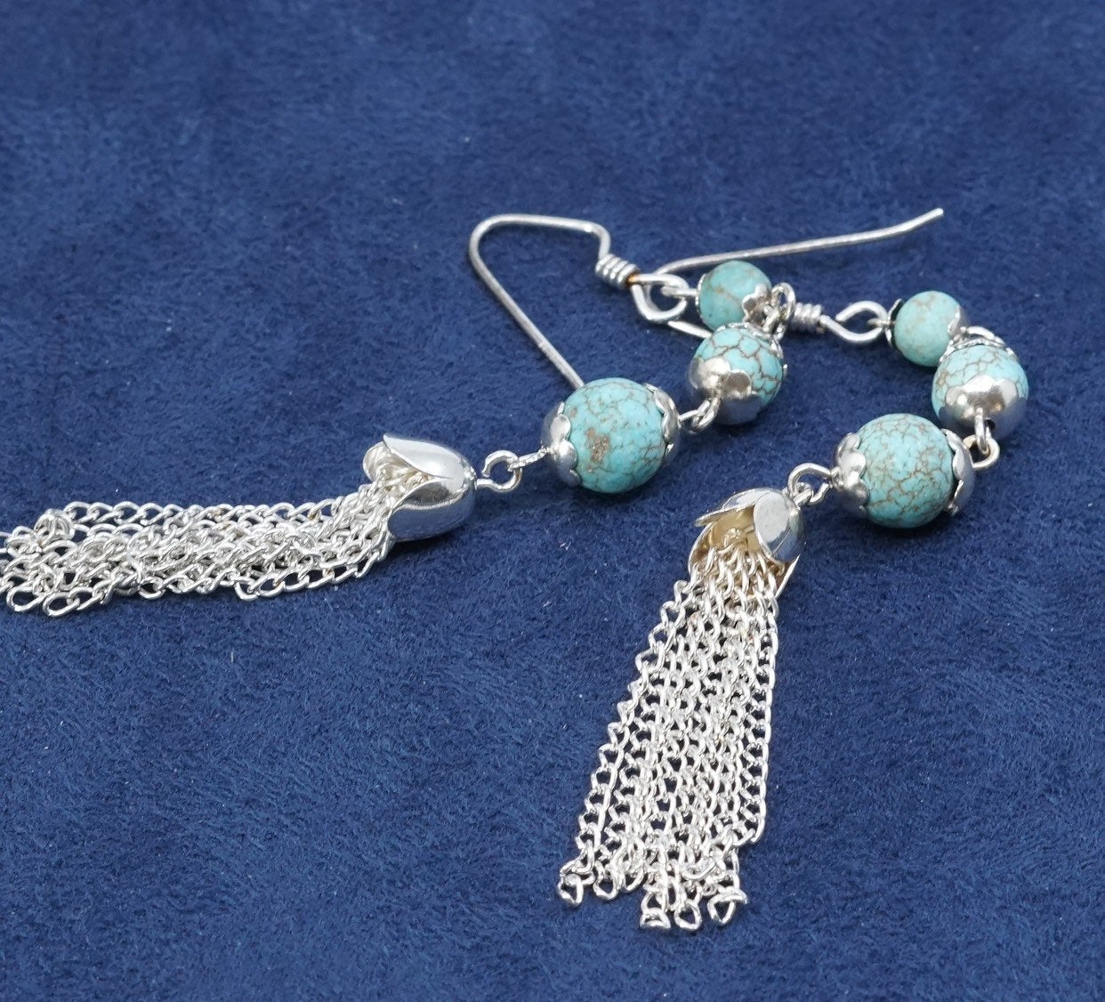 3” long, vtg sterling silver handmade earrings, 925 w/ turquoise beads N fringe