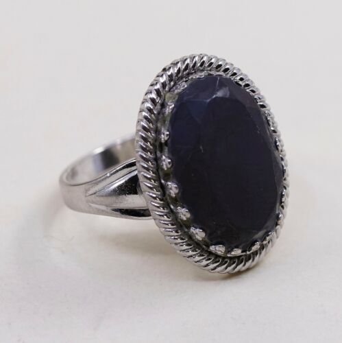 Sz 6.5 Vtg JP 925 Silver Handmade Ring w/ Oval Hematite, Stamped Sterling