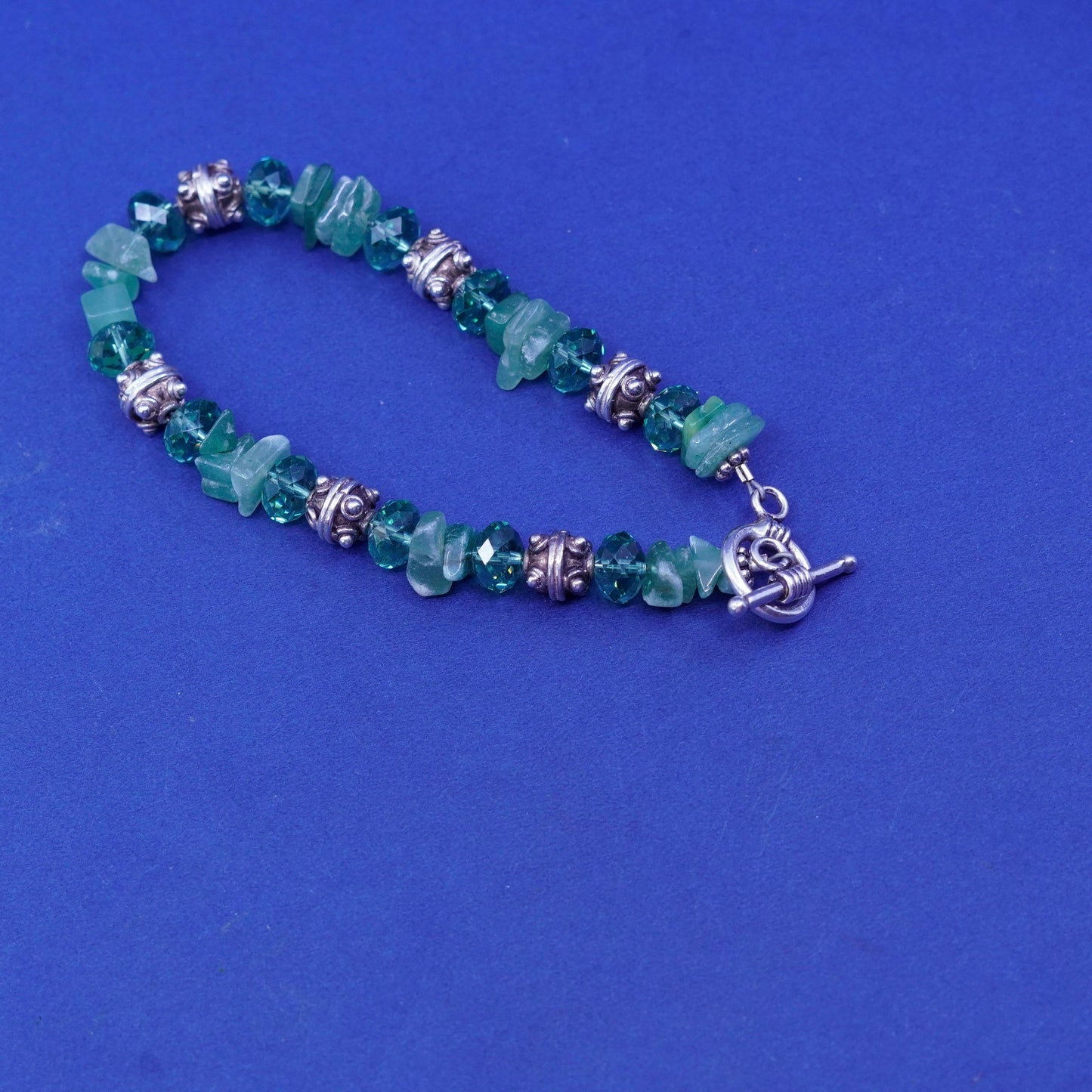7.5”, vintage Sterling silver handmade bracelet, 925 beads with jade nuggets