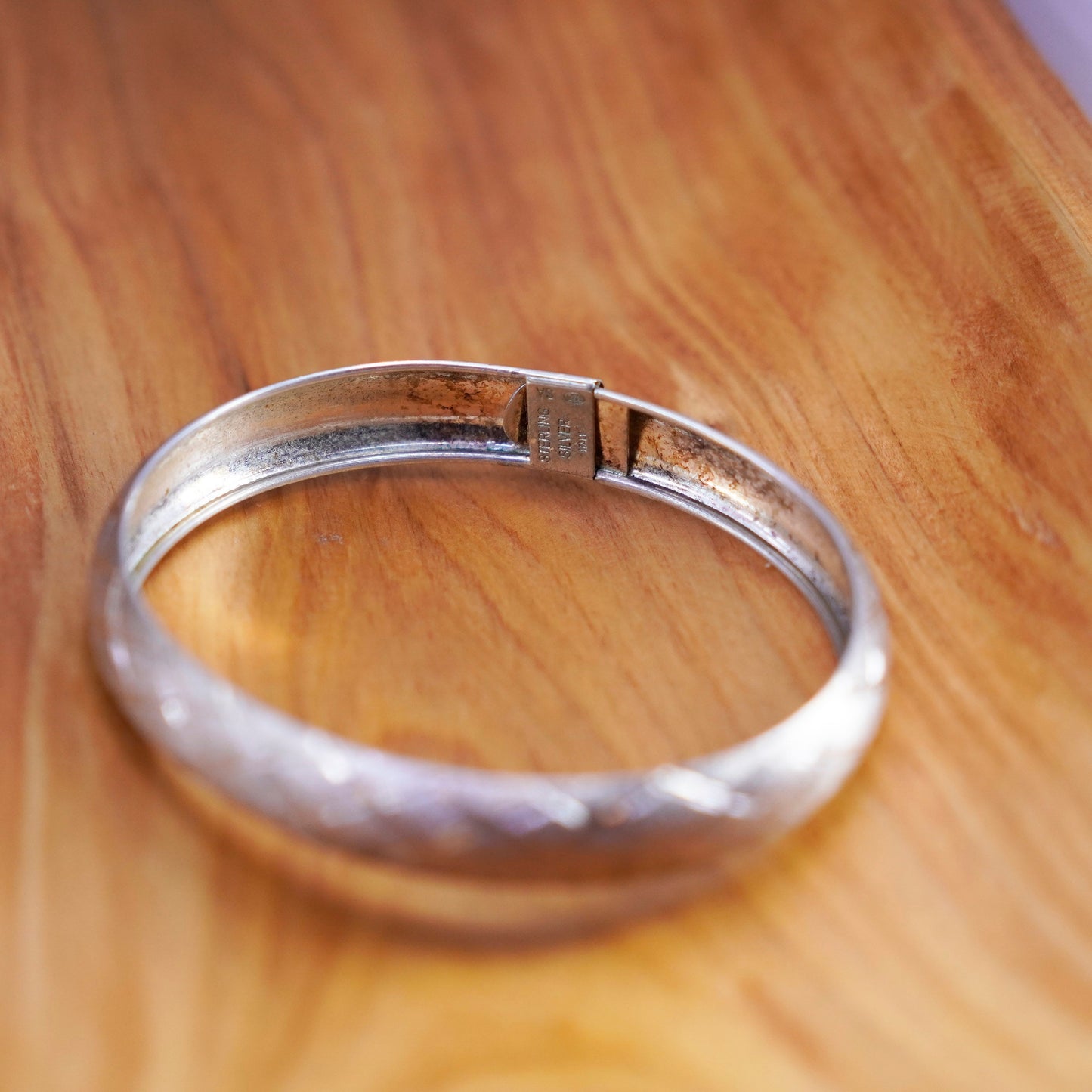 Size adjustable, Sterling silver handmade bracelet, textured 925 hinged bangle