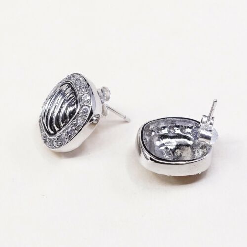Vtg Fashionable Sterling Silver Handmade Earrings, 925 Studs W/ Cz Around