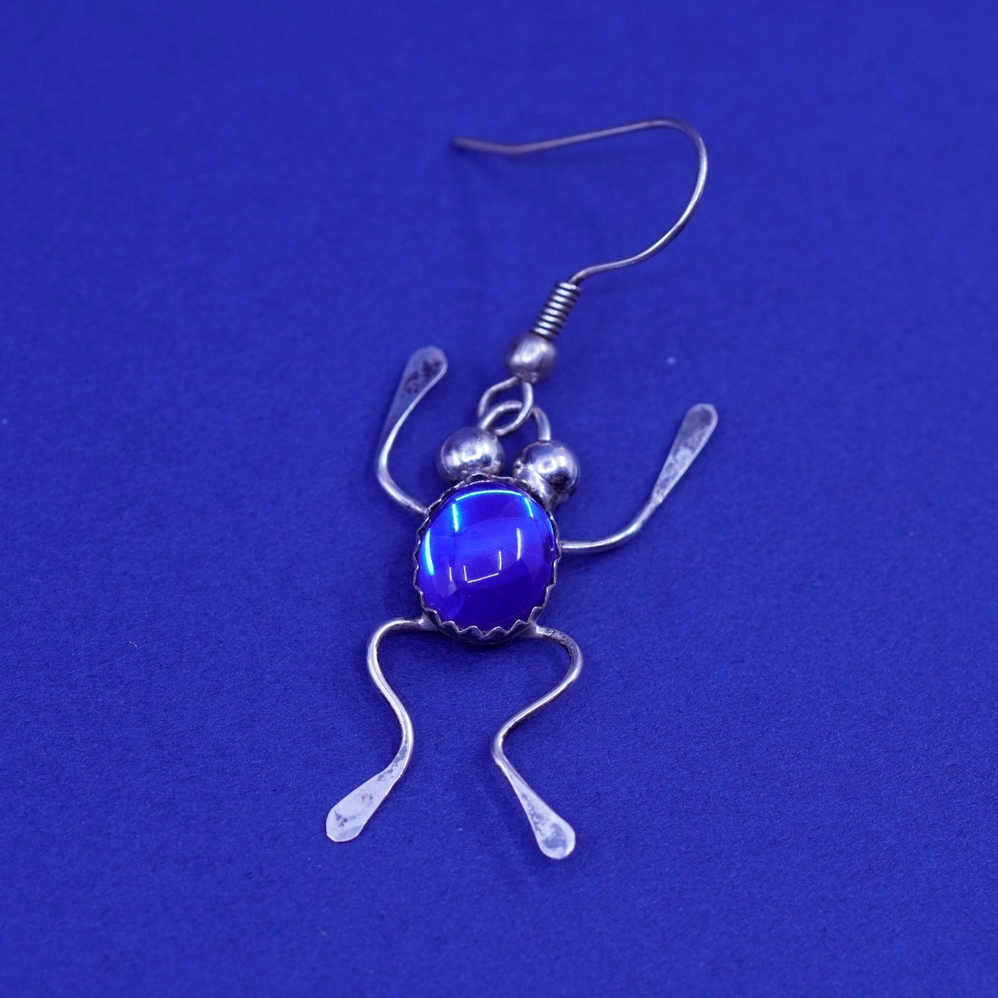 Vintage sterling 925 silver handmade frog earrings with blue glass