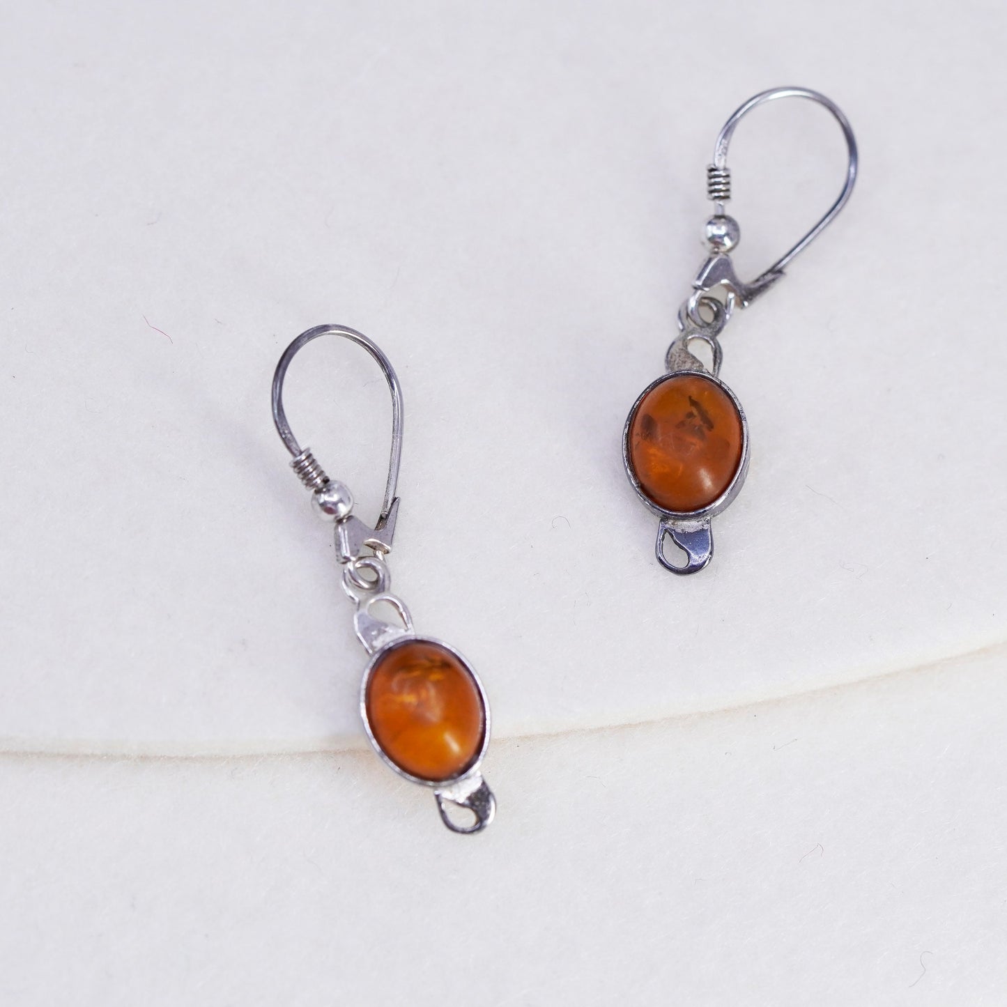Vintage Sterling 925 silver handmade earrings with oval Amber