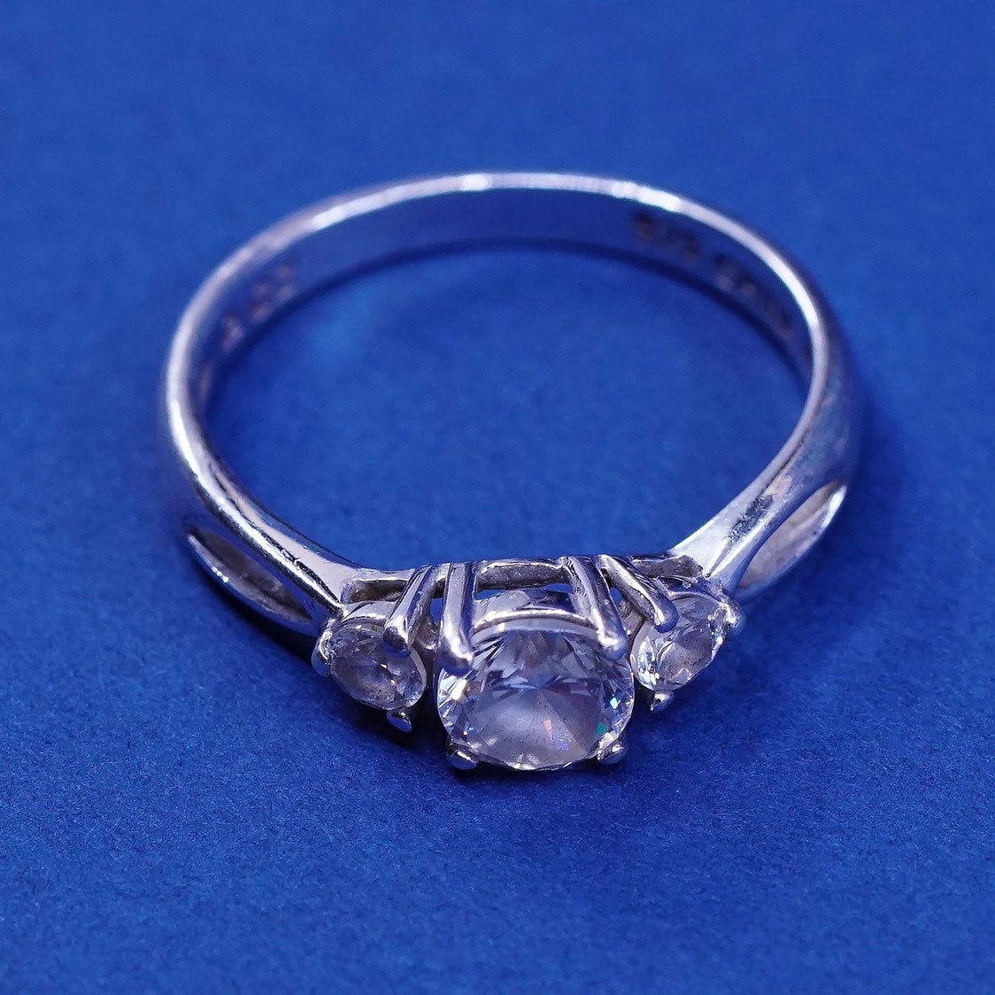 sz 7.25, vtg Sterling silver handmade ring, 925 engagement ring w/ cz