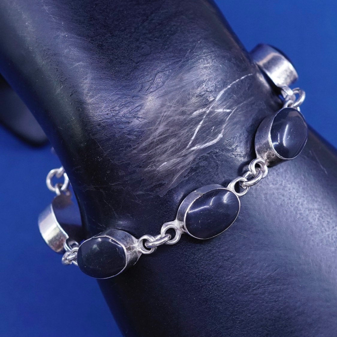7", vtg Sterling silver handmade tennis bracelet, mexico 925 w/ obsidian
