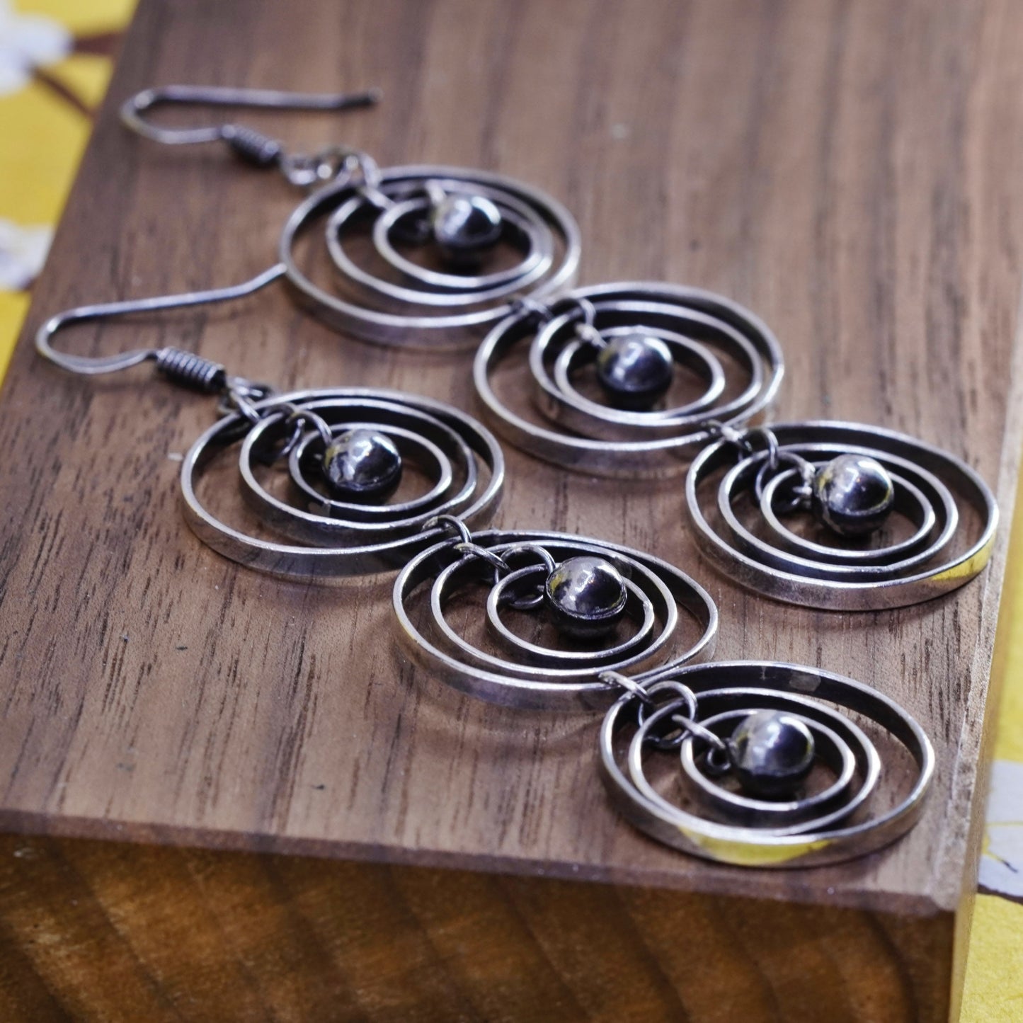 Vintage Sterling silver handmade earrings, 925 long circles dangle with beads