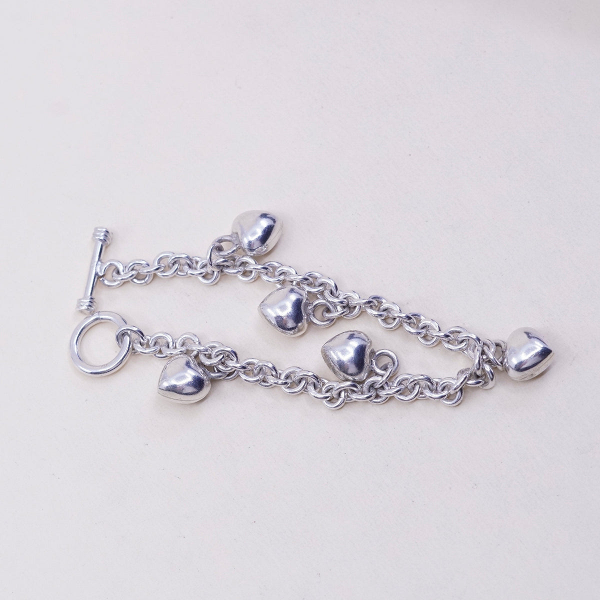 7“, 5mm, Vintage sterling 925 silver circle bracelet with solid heart charm