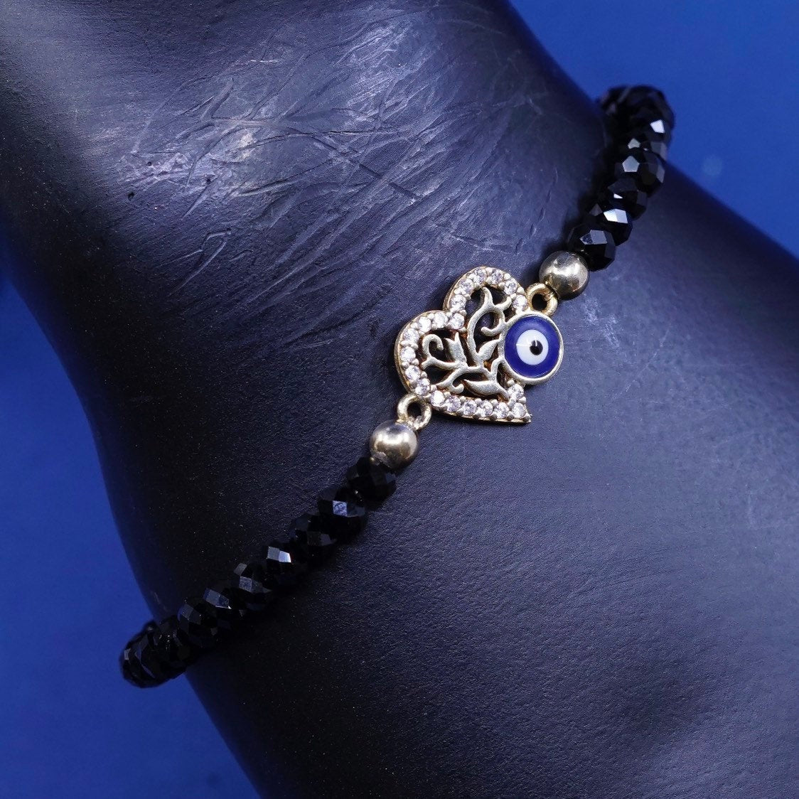 6.5" gold over Sterling silver bracelet, 925 heart w/ obsidian beads N evil eye