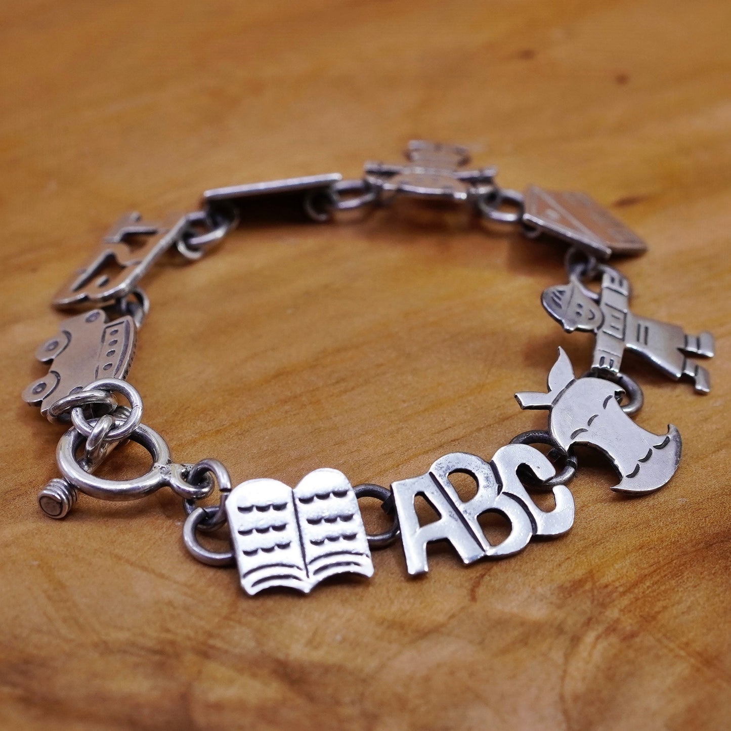 6.5”, Sterling 925 silver bracelet with book ABC Apple kids house 123 car