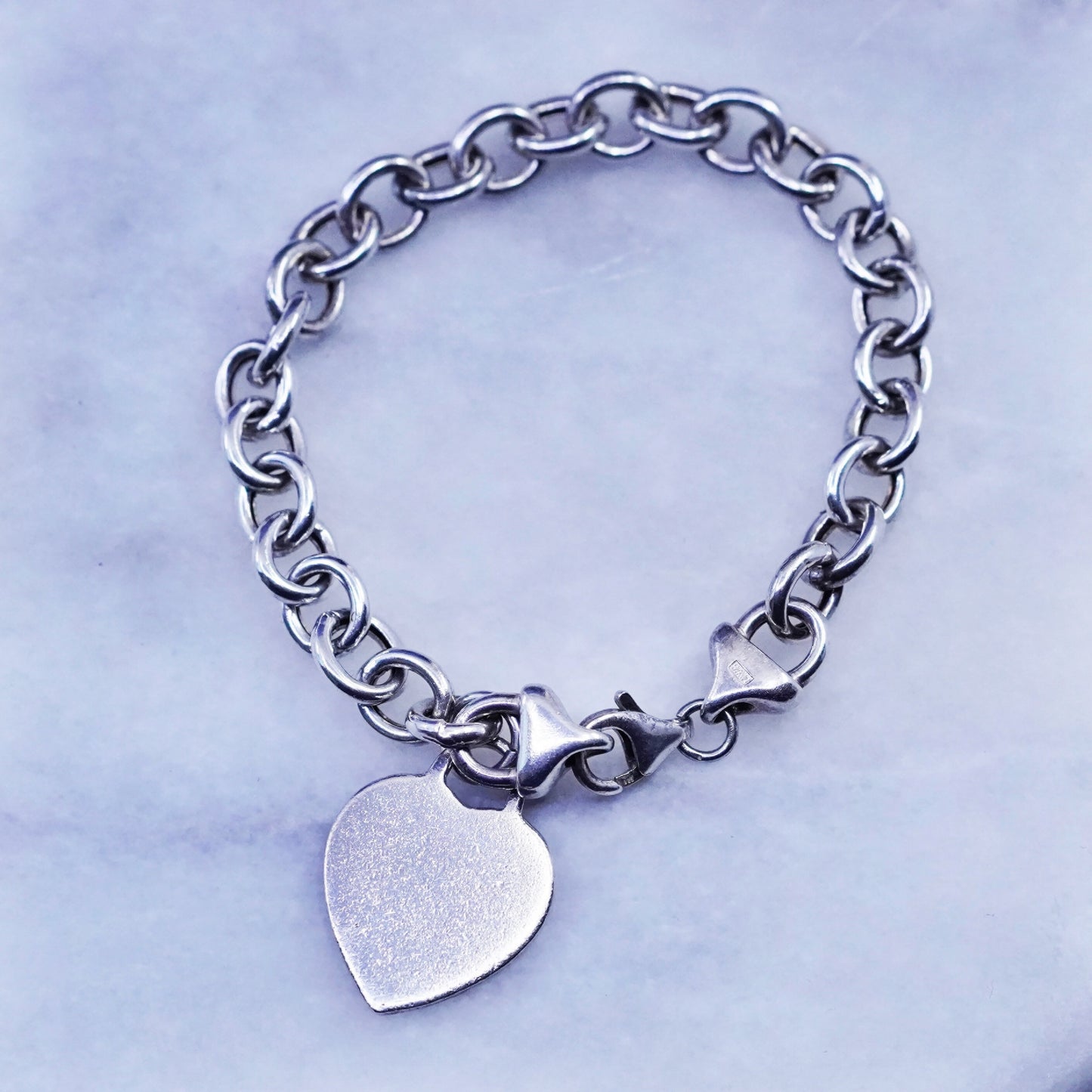7”, vtg Italy Sterling silver handmade bracelet, 925 circle chain heart charm