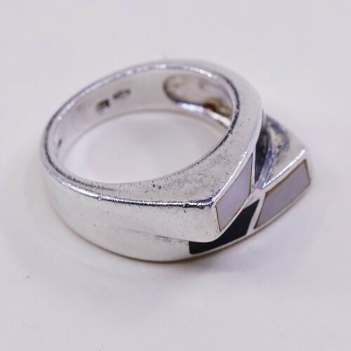 Sz 7.5, Vtg Sterling Silver Handmade Ring, 925 Band W MOP N Obsidian Inlay