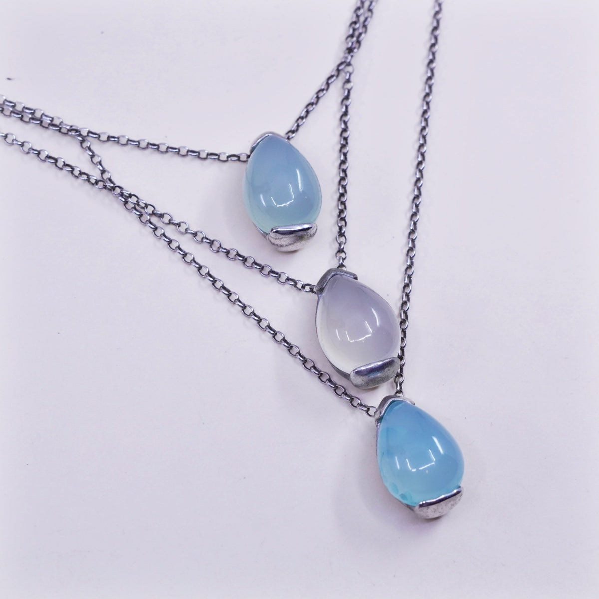 16”, milor sterling silver multi strands necklace, teardrop Chalcedony pendants