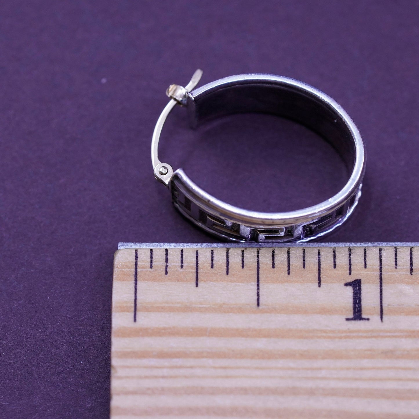 0.75”, Sterling silver handmade earrings 925 Greek key textured hoops 14K posts