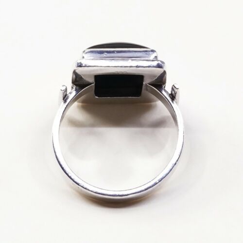 Sz 7.75, Vtg Sterling Silver Handmade Ring, 925 Silver Band W Obsidian Inlay