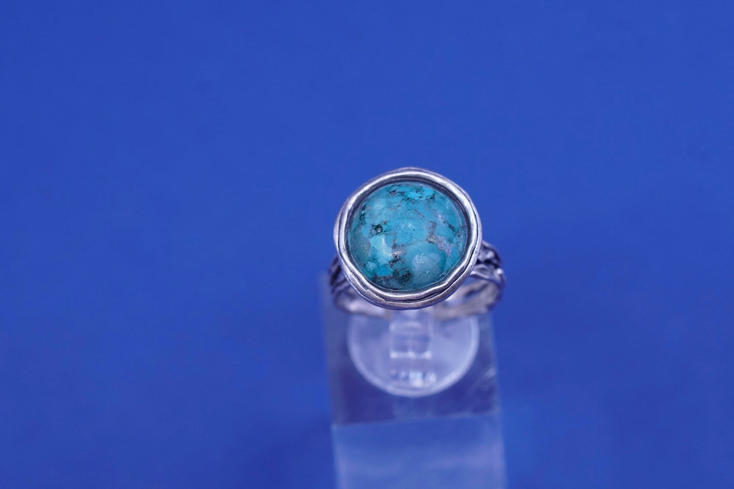 Size 7.75, vintage Israel Sterling silver handmade ring with turquoise