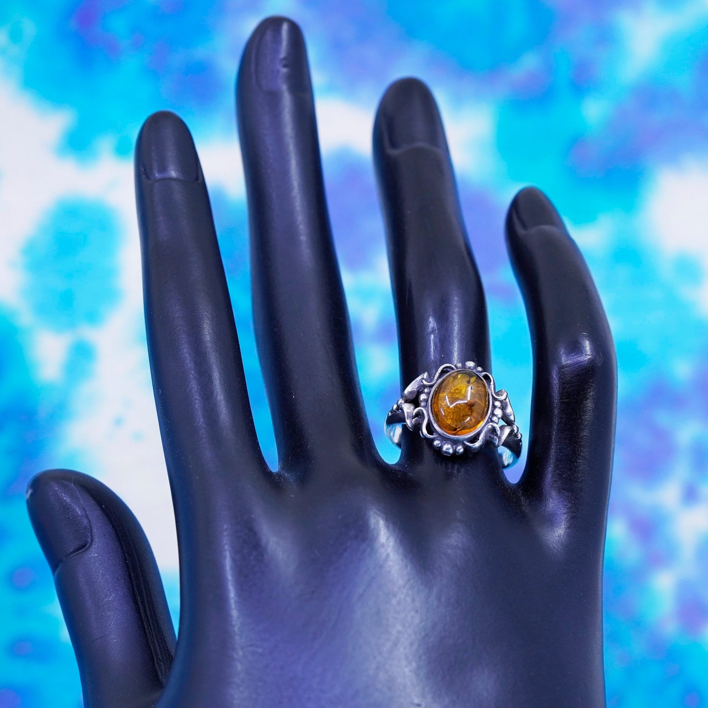 Size 7.75, vintage sterling 925 silver handmade ring with oval Amber and beads