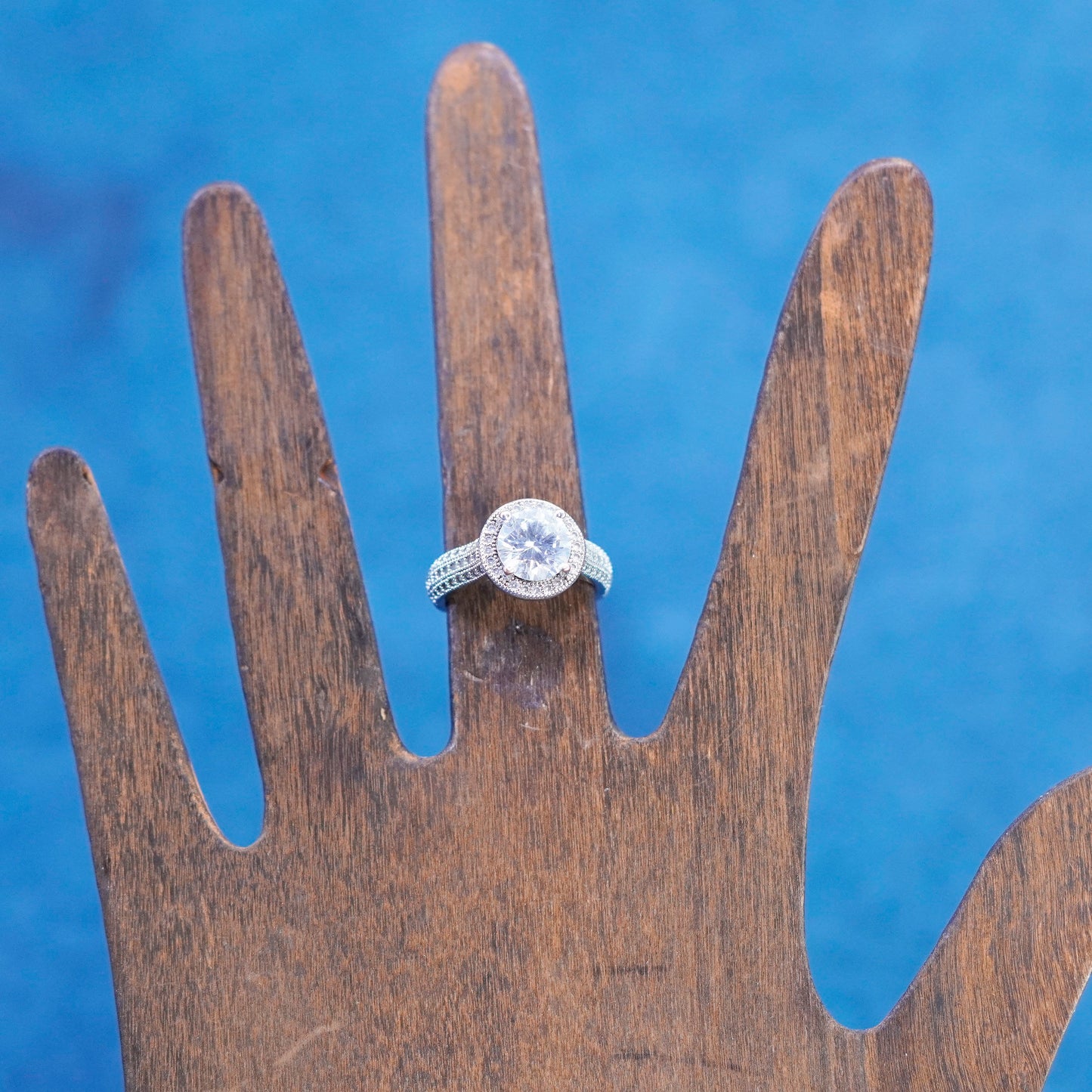 Size 6, vintage Sterling 925 silver engagement ring with cluster Cz around