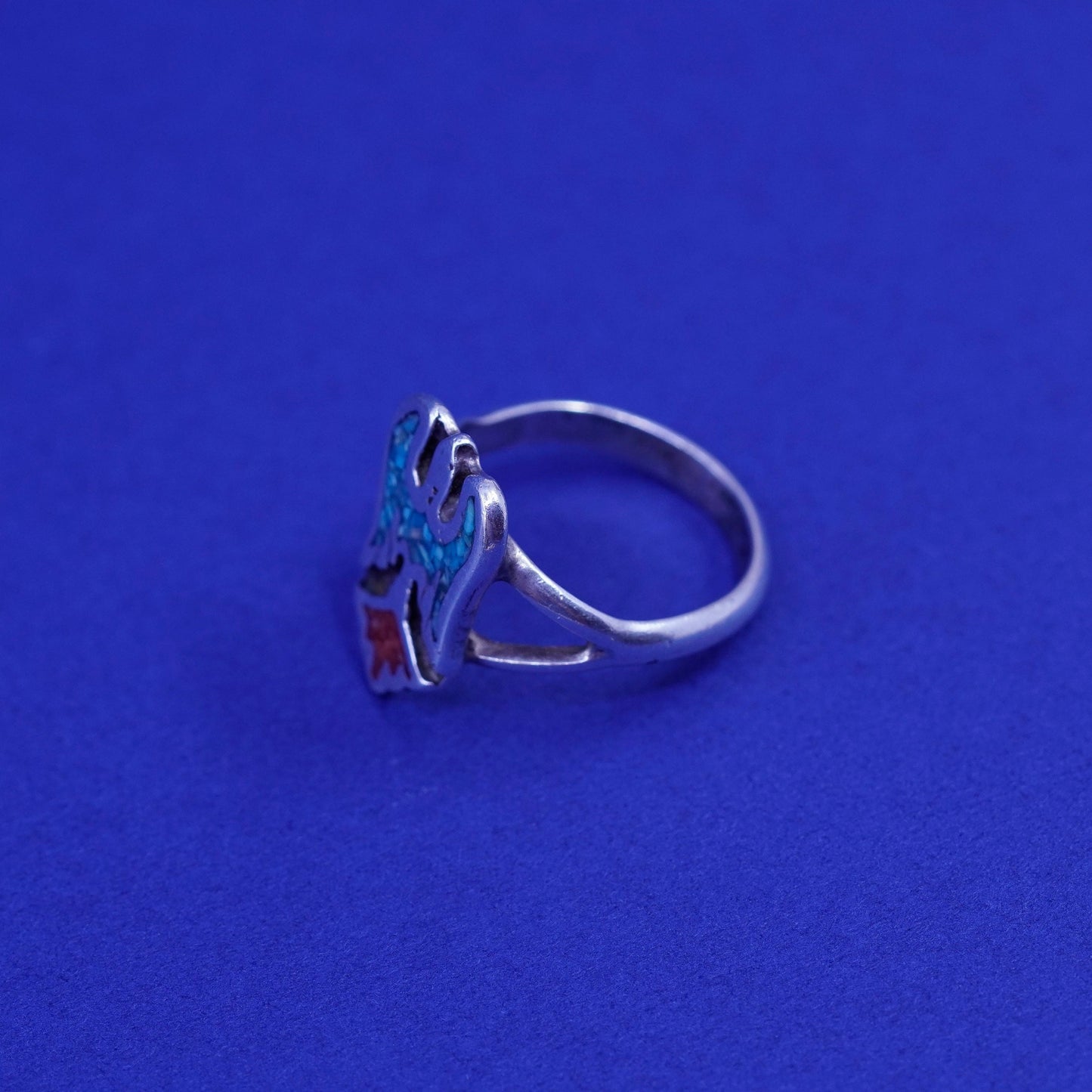 Size 4.25, Native American sterling silver ring, 925 bird turquoise and coral