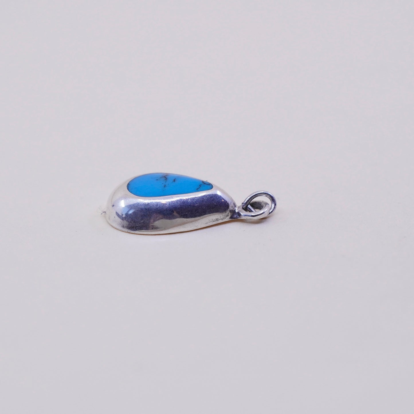 Vintage Sterling silver handmade pendant, 925 teardrop charm with turquoise