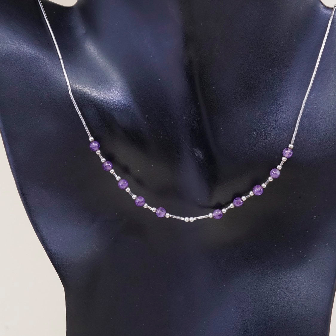 16", Sterling silver handmade necklace, 925 liquid chain with amethyst beads
