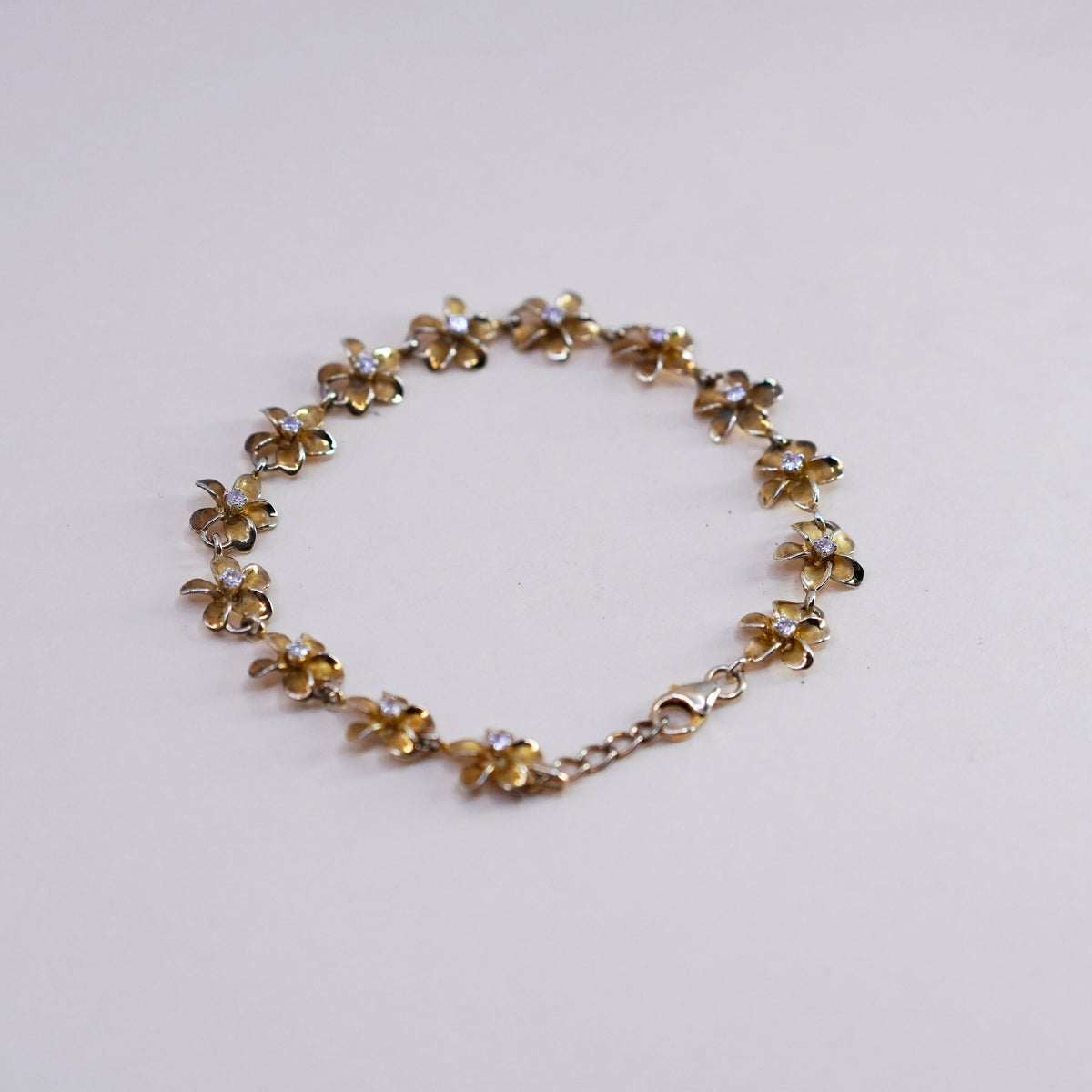 7.25”, vermeil gold sterling silver bracelet, 925 plumeria flowers cz, jewelry