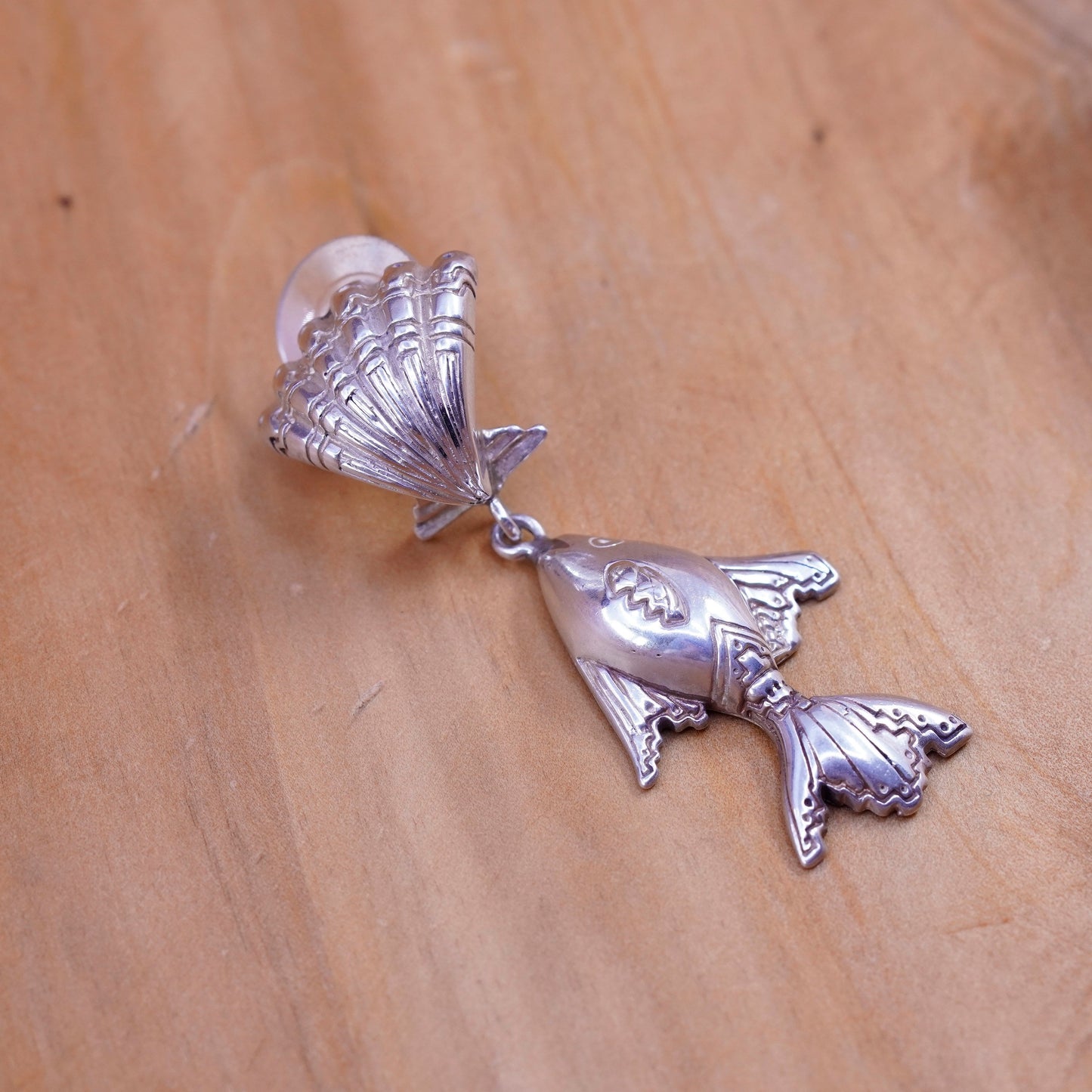 Vintage sterling silver handmade earrings, 925 shell studs with fish drops