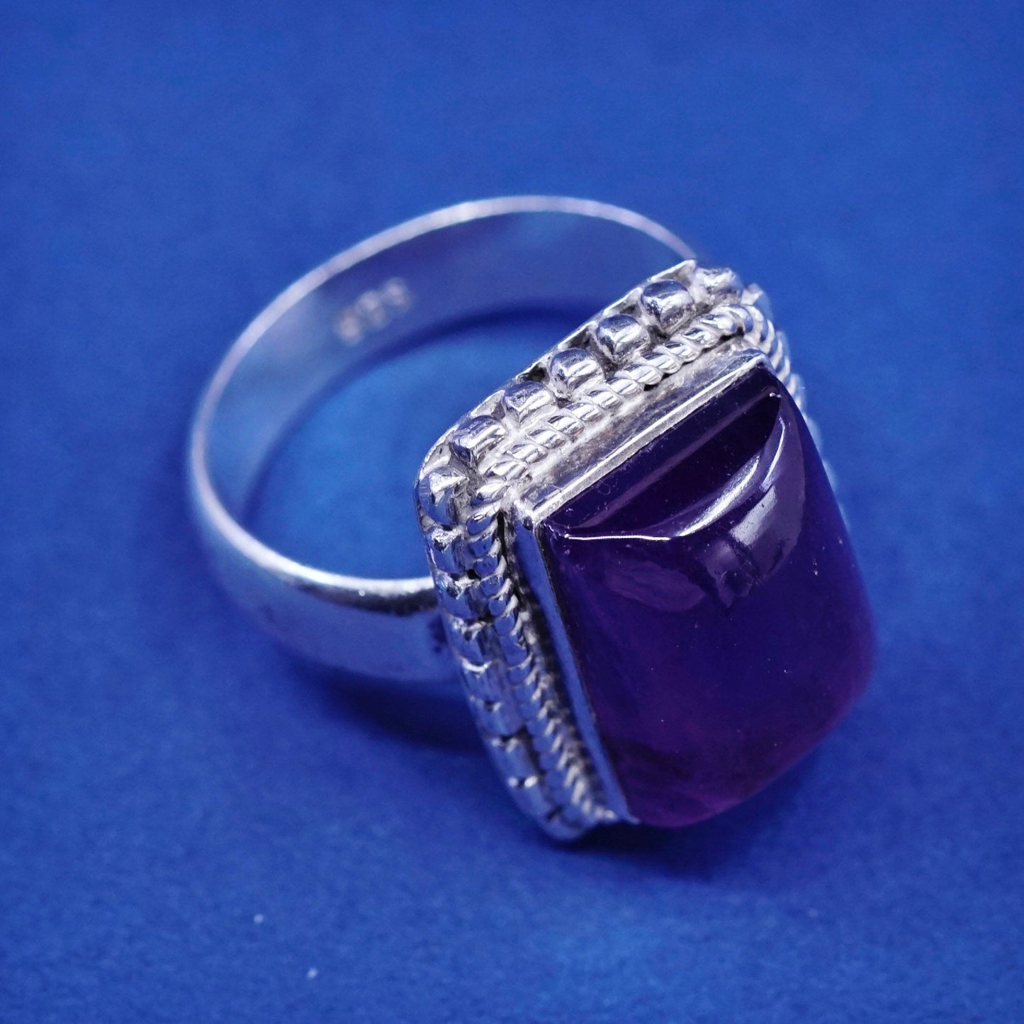 Size 8, vintage Sterling 925 silver handmade ring with amethyst and beads