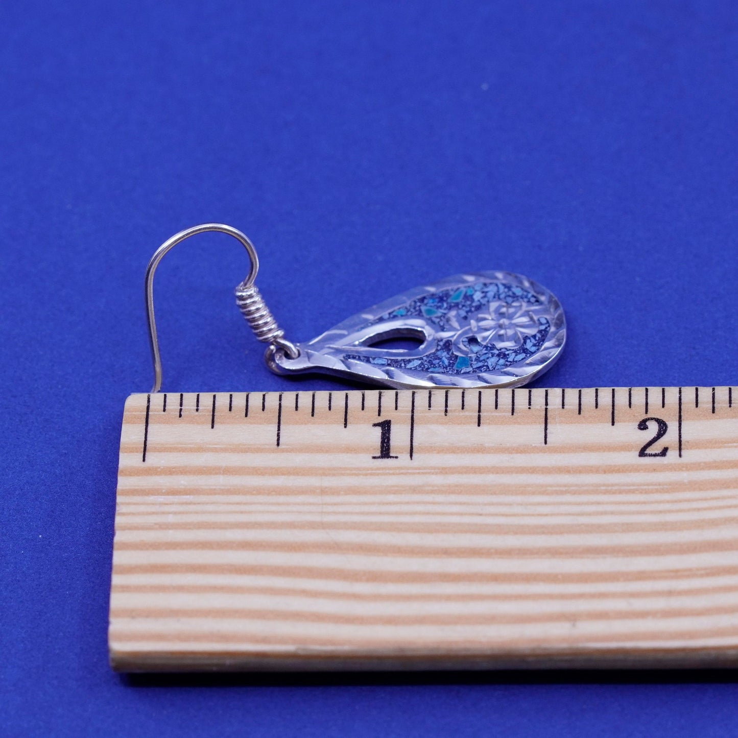 Vintage sterling 925 silver handmade teardrop earrings with turquoise inlay