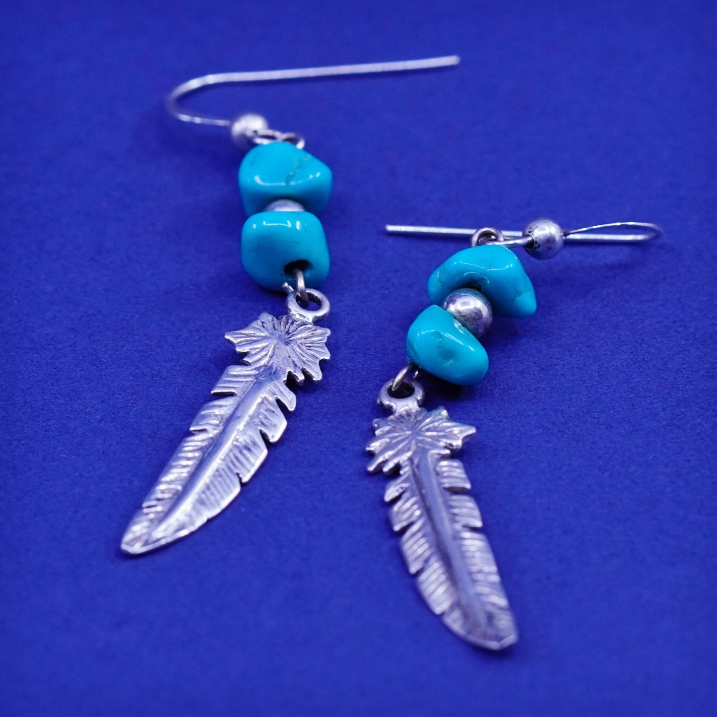 Vintage southwestern sterling 925 silver handmade earrings feathers turquoise