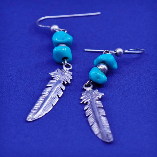 Vintage southwestern sterling 925 silver handmade earrings feathers turquoise