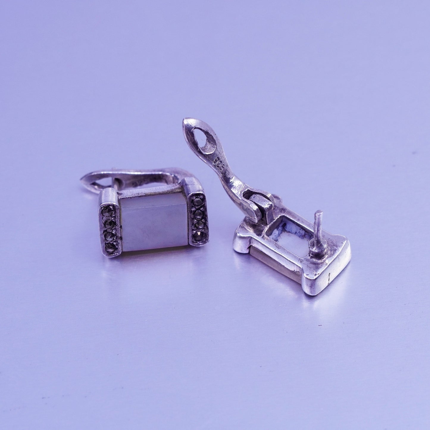 Sterling 925 silver earrings, rectangular studs mother of pearl and marcasite