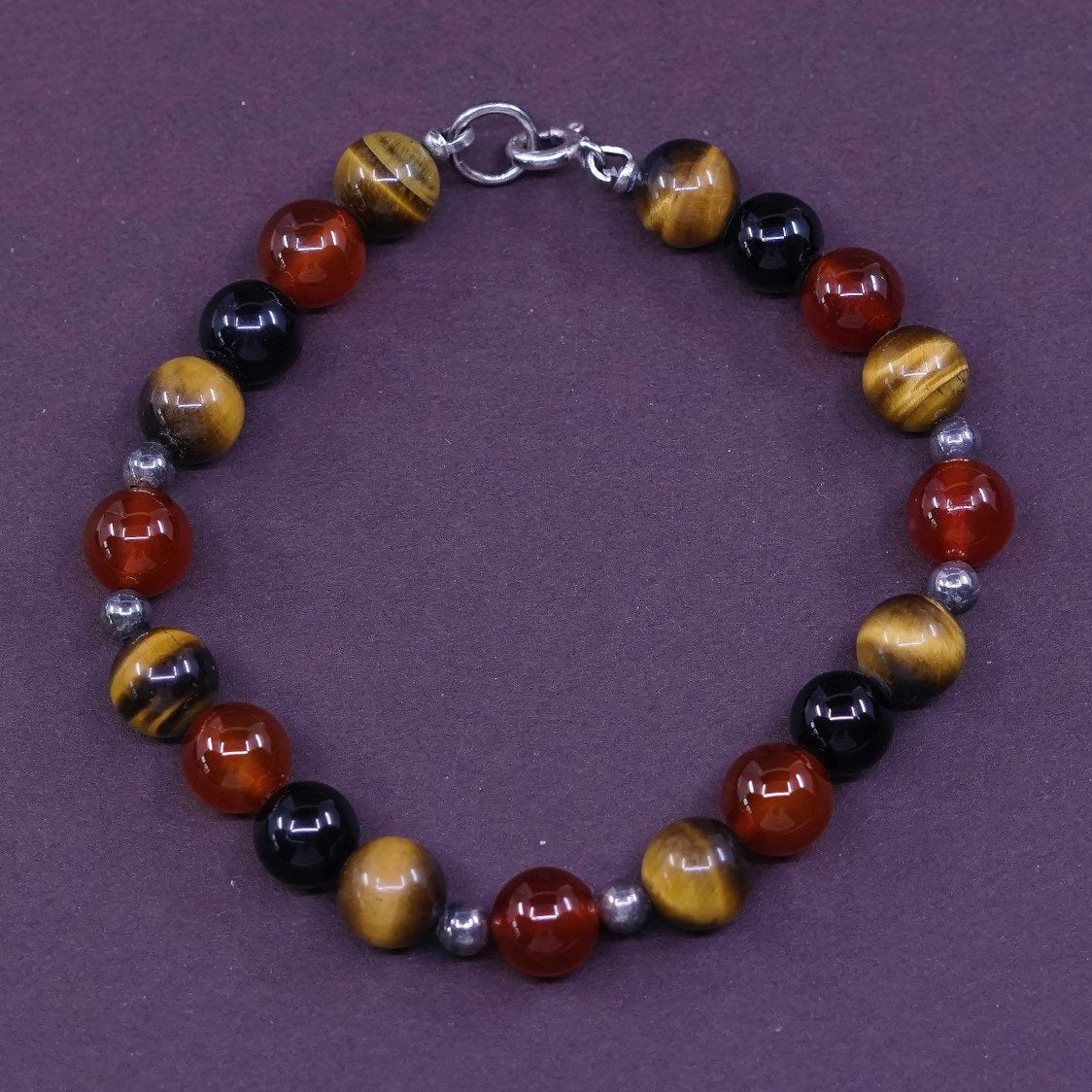 7", vtg Sterling 925 silver handmade bracelet Golden tiger eye Carnelian obsidia
