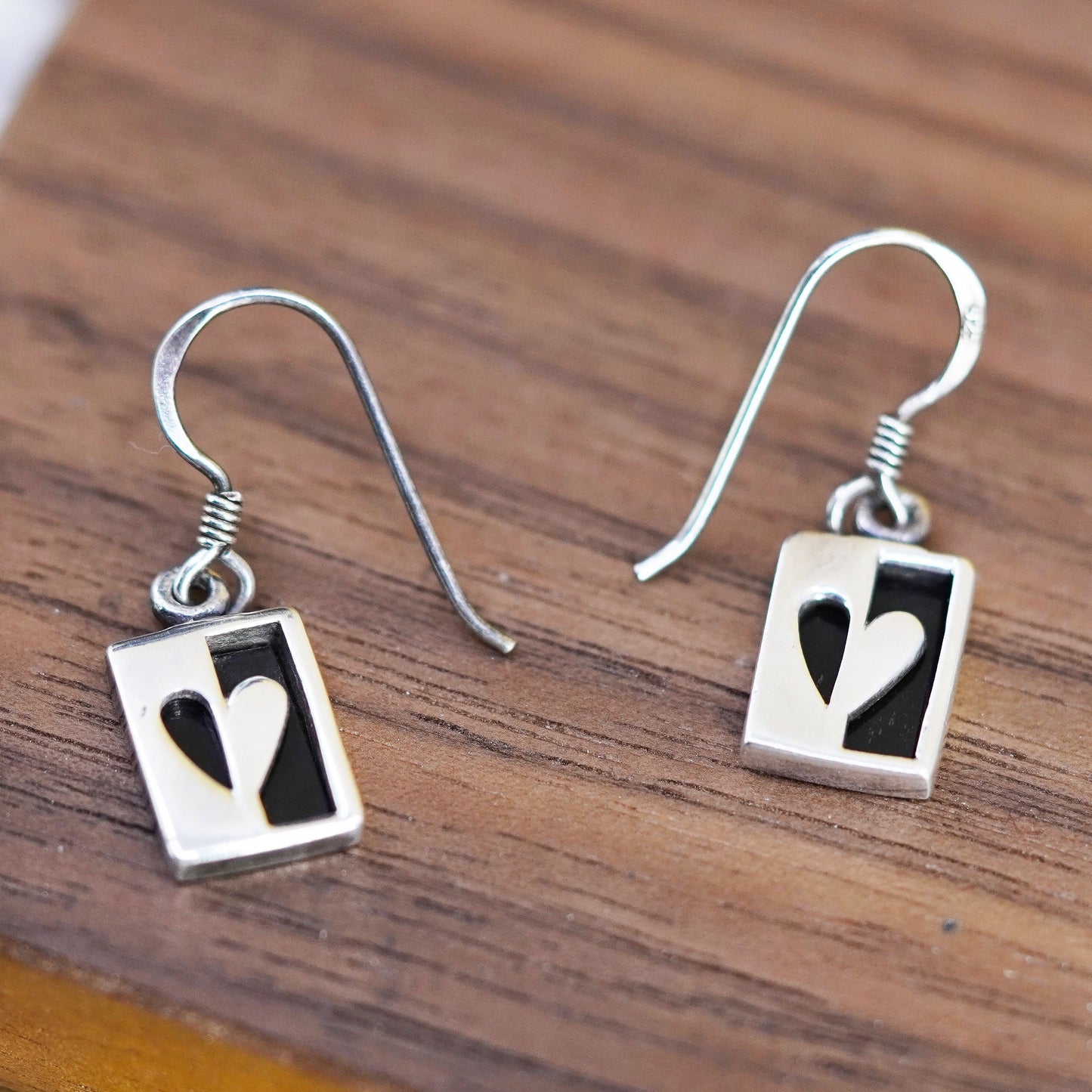 Vintage Sterling 925 silver handmade earrings with heart and obsidian